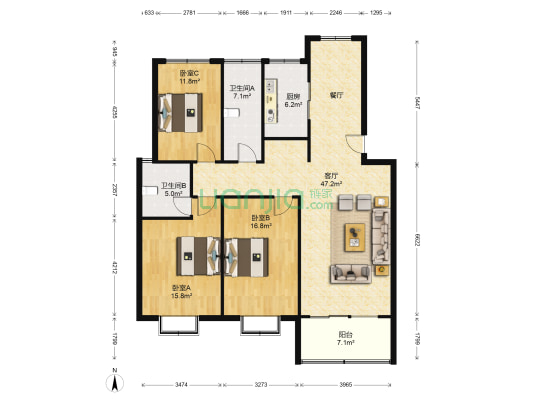 慎城小区 3室1厅2卫 143平方