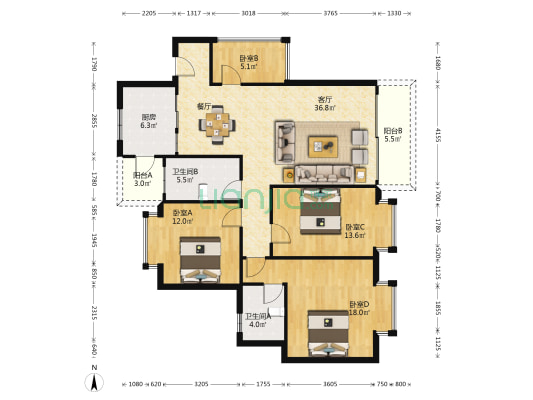 赋晖华庭 4室1厅2卫 126平方