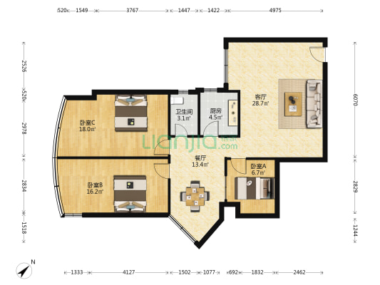 金福城 3室2厅1卫 120平方