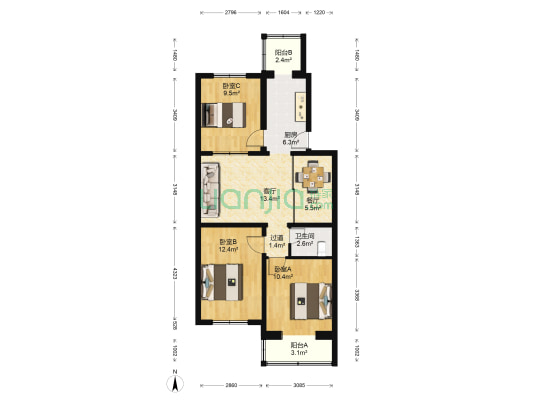 软件园小区 3室2厅1卫 86平方