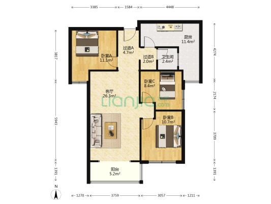 北辰三角洲奥城E6区 3室1厅1卫 104平方