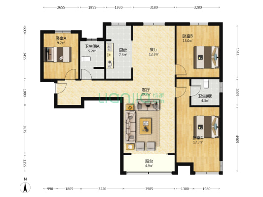 金品时代 3室2厅 南 北-户型图