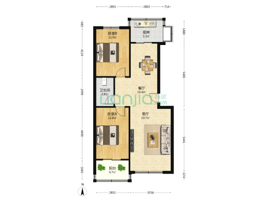 一机厂宿舍 2室2厅1卫 85平方