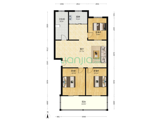 梁苑小区 3室1厅1卫 112平方