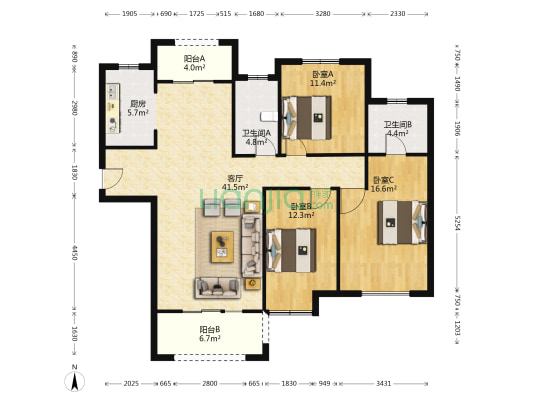 联航碧海青城 3室1厅2卫 141平方