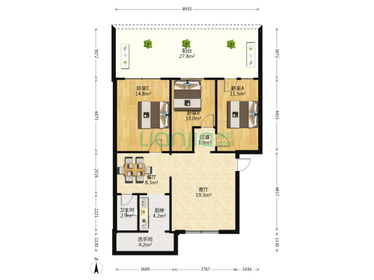 图书城 3室2厅2卫 95平方