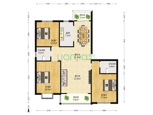 浦民小区 3室2厅2卫 141平方