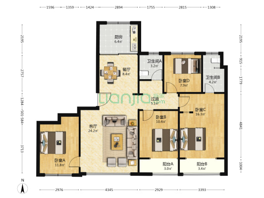 青特悦海府一期 4室2厅2卫 154平方