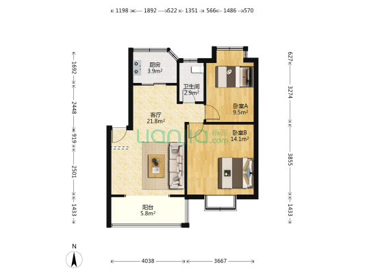 中江丽晶苑 2室1厅1卫 75平方