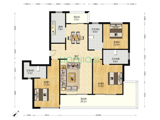 阳光城西郊半岛静照阁 3室1厅3卫 159平方