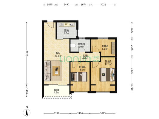 碧桂园时代城泽园 3室1厅1卫 89平方