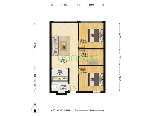 赏新园 3室1厅1卫 80平方