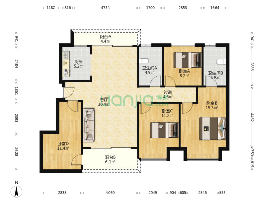 长平院子二期 4室1厅2卫 115平方