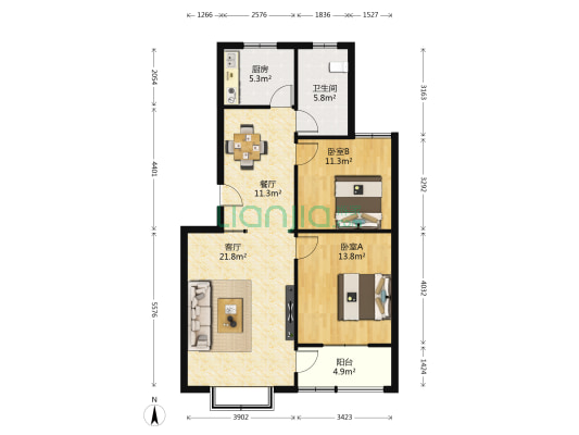 福泽花园 2室2厅1卫 91平方