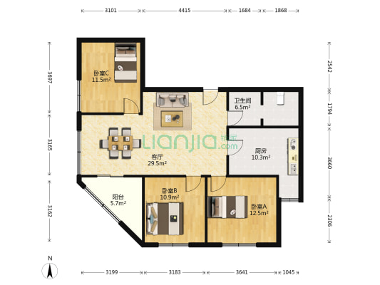 惠嘉公寓 3室1厅1卫 127平方