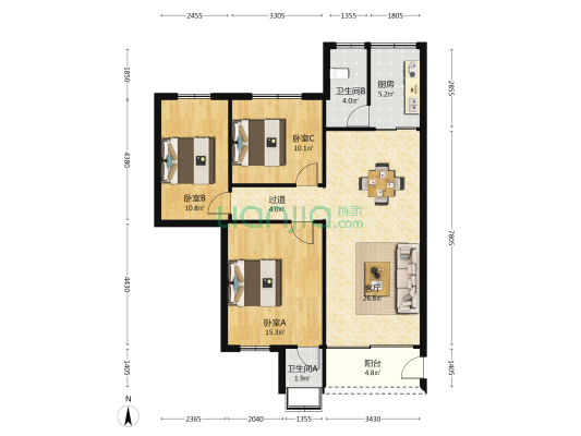 金凤小区 3室1厅2卫 91平方