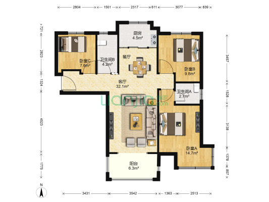 翰林国际城孟园 3室1厅2卫 117平方