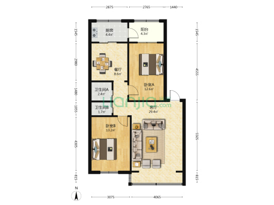 部队小区 2室2厅2卫 96平方