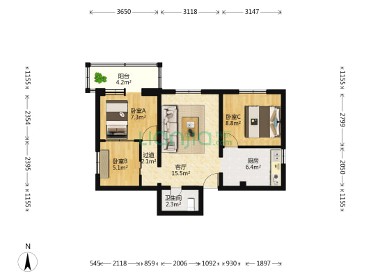 莲花池东路 3室1厅1卫 69平方