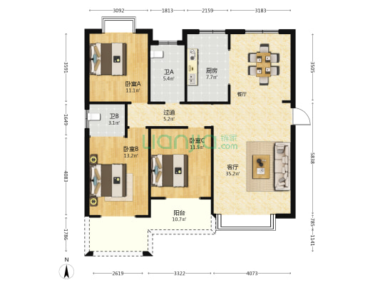 天都华府 3室1厅2卫 134平方
