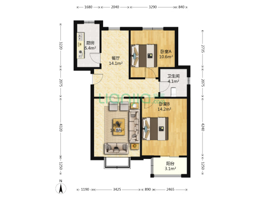 惠民里小区 2室2厅1卫 96平方