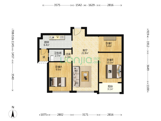 茂业观园 3室1厅1卫 89平方