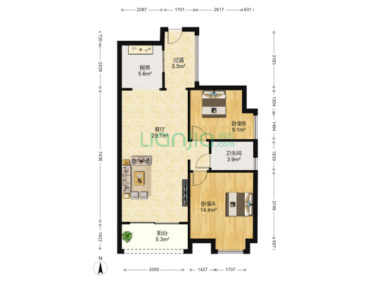 鸿潮·宝来华府 2室1厅1卫 85平方