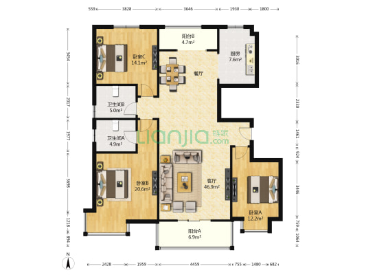 锦园曲江龙邸 3室1厅2卫 149平方