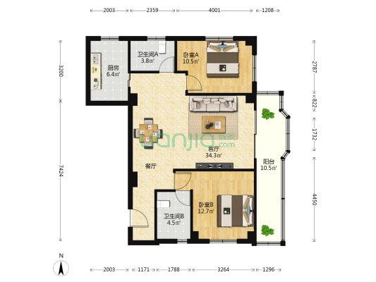 福满家园 2室1厅2卫 106平方