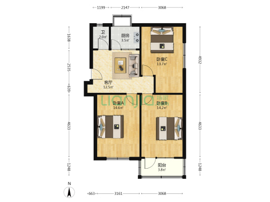 省轻纺供销公司家属楼 3室1厅1卫 66平方