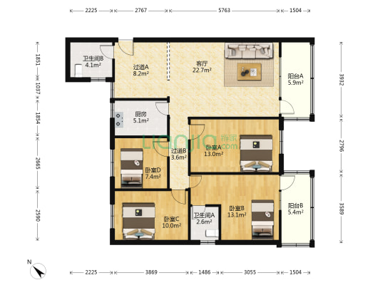 中山大楼 4室1厅2卫 114平方