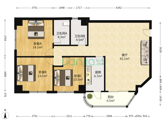 香榭丽苑 3室1厅2卫 135平方