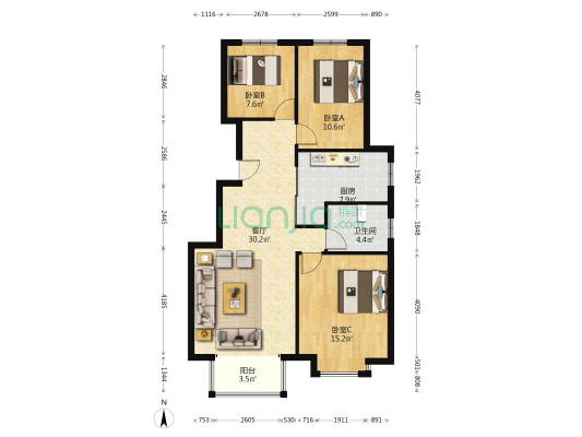 鸿坤小洋房   南北通透三居    精装修   满二年-户型图