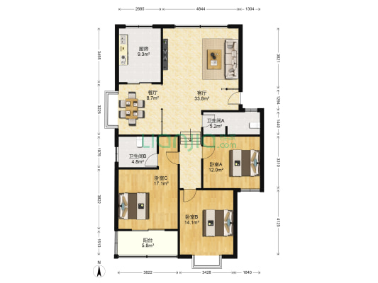 天和园小区 3室2厅2卫 141平方