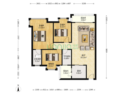 金朗华庭 2室1厅2卫 95平方
