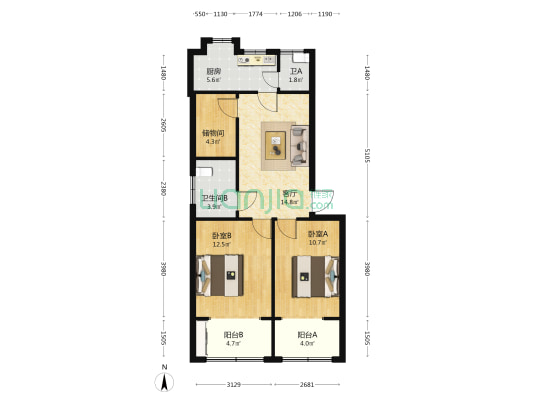 绿影壁交电批发公司住宅 2室1厅2卫 79平方
