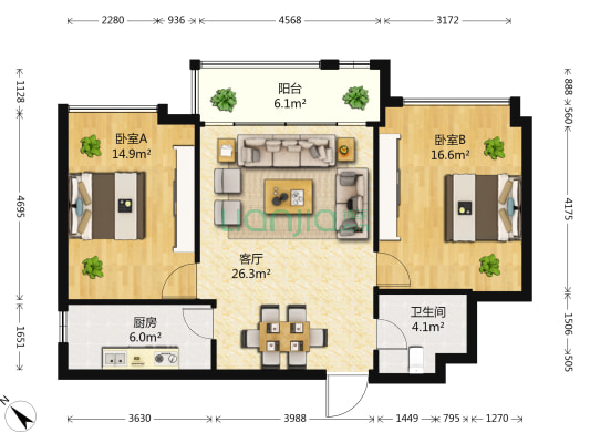 东方广场 2室1厅1卫 108平方