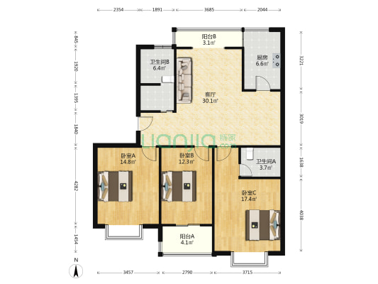 紫金东苑 3室1厅2卫 121平方