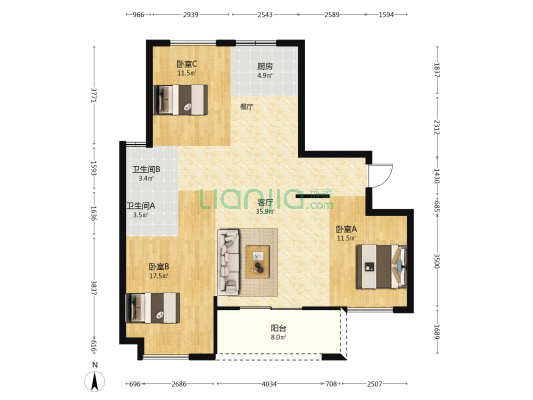 璟珑新苑 3室1厅2卫 120平方