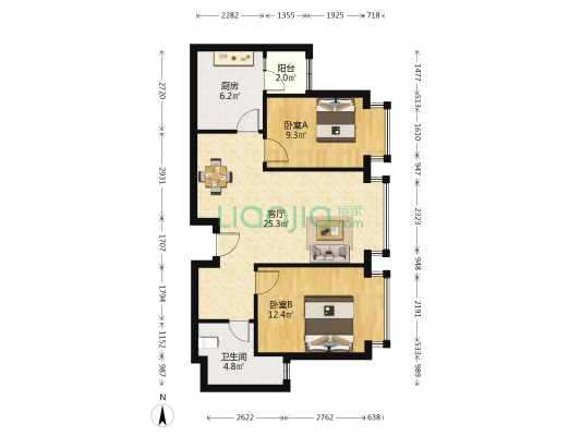 恒大绿岛新城F区 2室1厅1卫 84平方