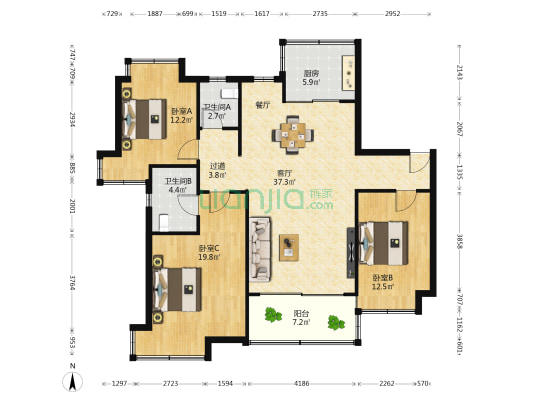 中兴和府 3室1厅2卫 120平方