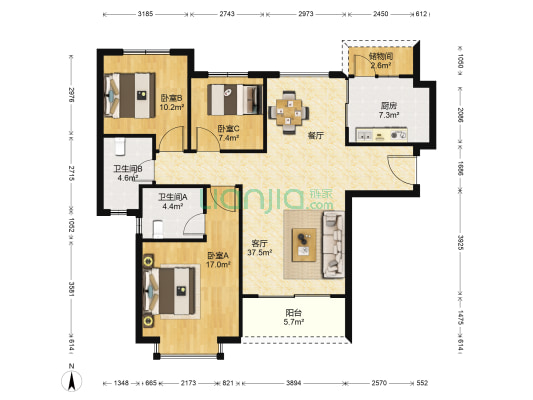 恒大城二期 3室1厅2卫 119平方