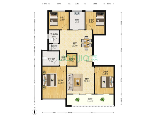 原岸二号院 4室2厅3卫 143平方