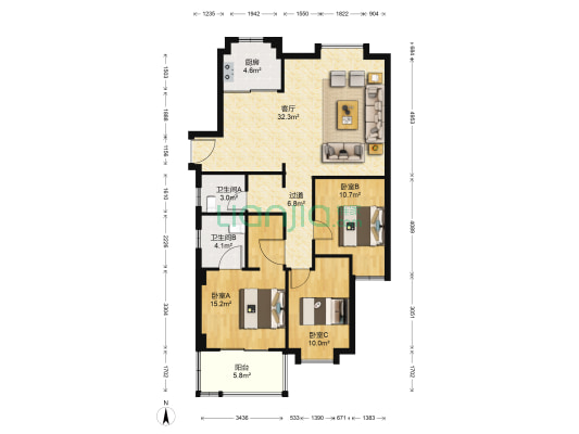 龙方家园 3室1厅2卫 123平方