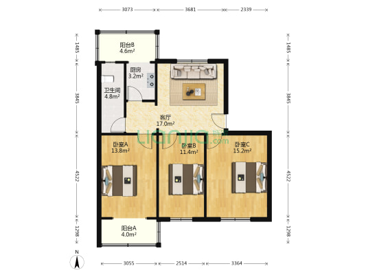 外运小区 3室1厅1卫 90平方