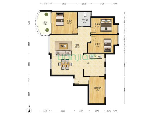 南湖国际广场 3室1厅1卫 134平方