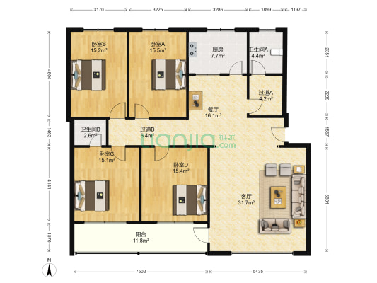 国土花园北区 4室2厅2卫 182平方