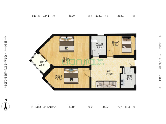 前门西大街97号院 3室1厅1卫 85平方