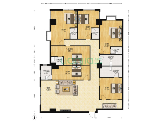 桂成花园 6室1厅7卫 276平方