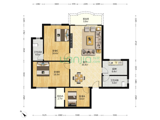 科豪小区 3室1厅2卫 118平方